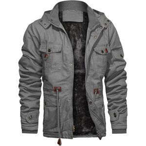 Mens Light Gray Thick Winter Jacket Hooded Fleece Lined Cotton Military Coat